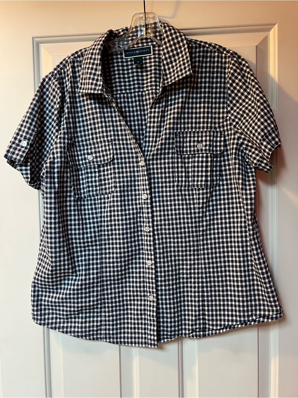 Karen Scott Black and White Gingham Button-Front Blouse